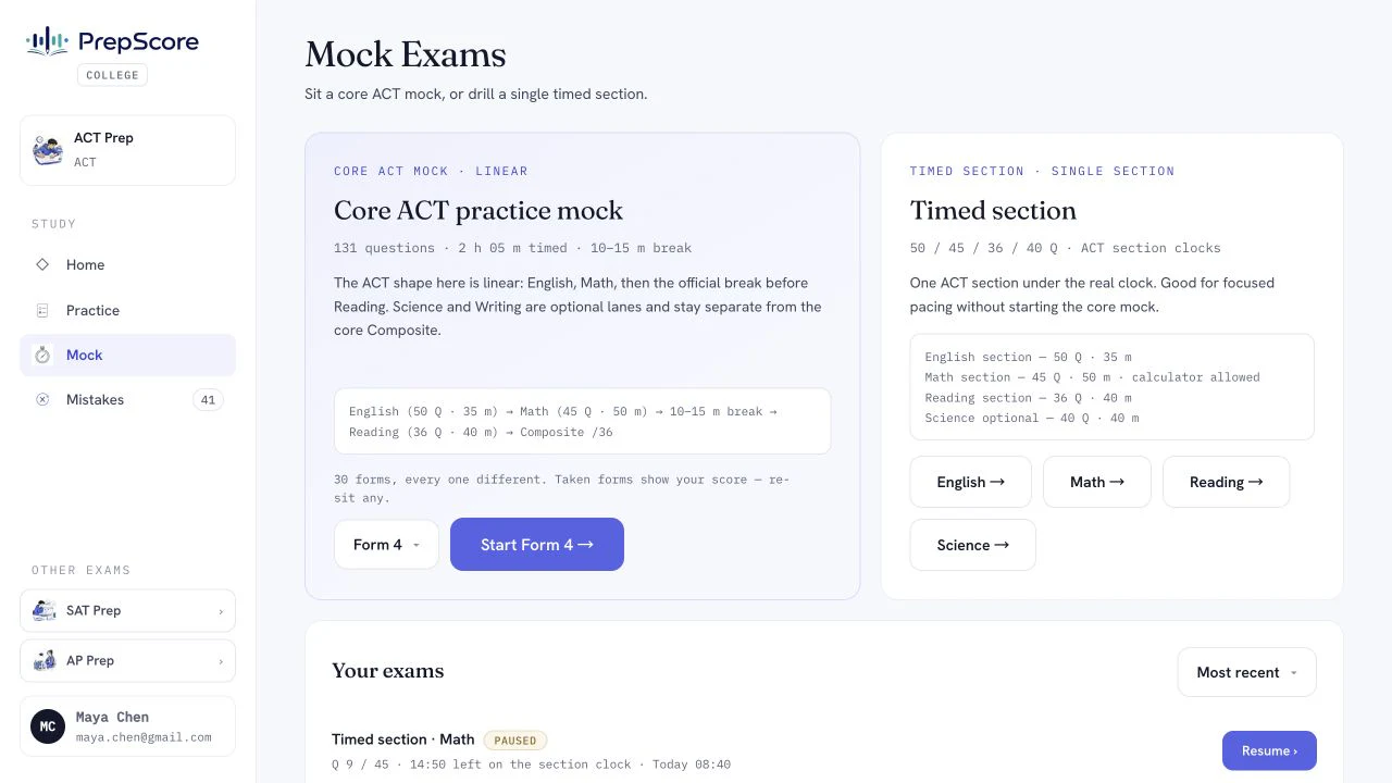 PrepScore ACT linear mock exam screen with timed sections