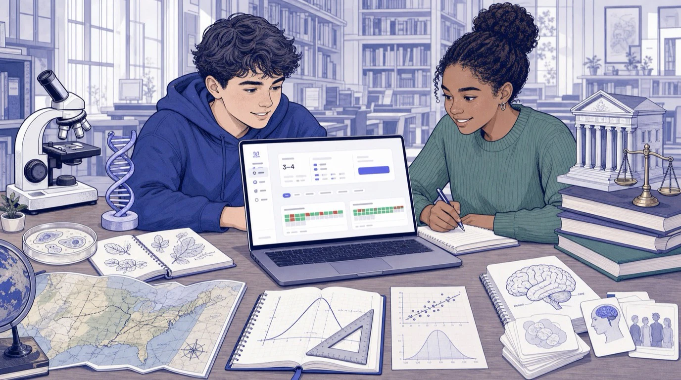 American high school students studying six AP subjects with PrepScore in a school library