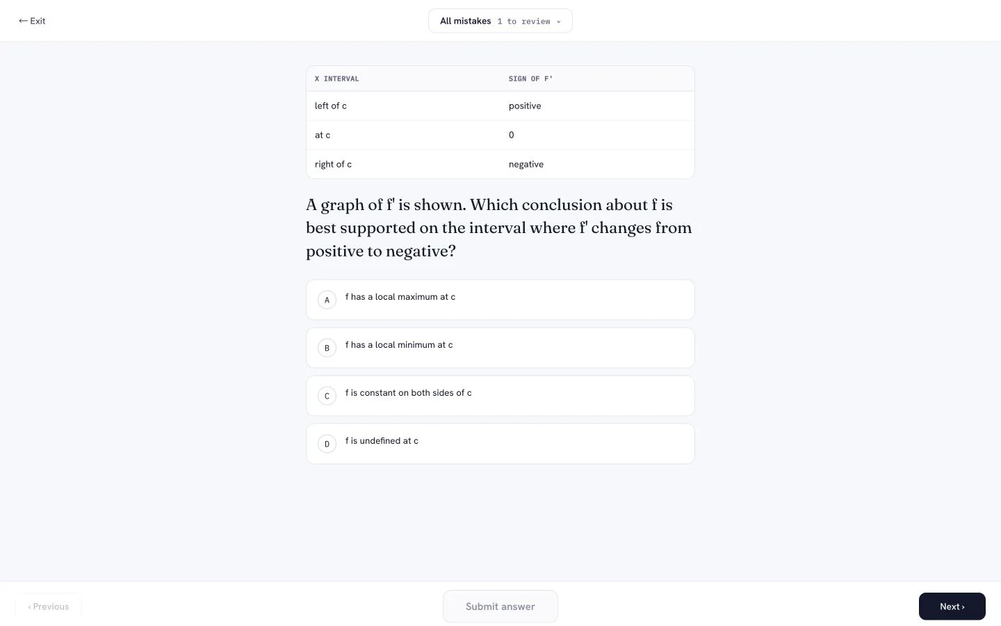PrepScore AP Calculus AB Mistake review product screen