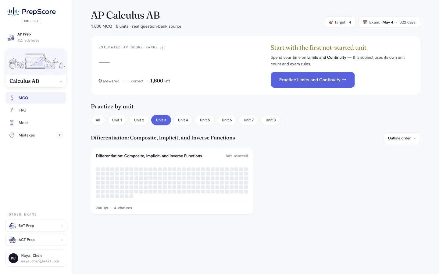 PrepScore AP Calculus AB Practice product screen