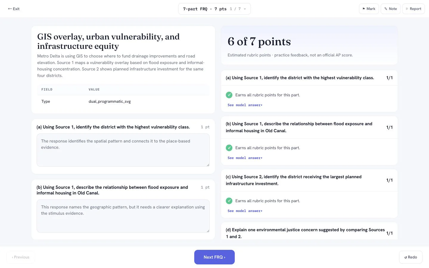 PrepScore AP Human Geography FRQ practice product screen