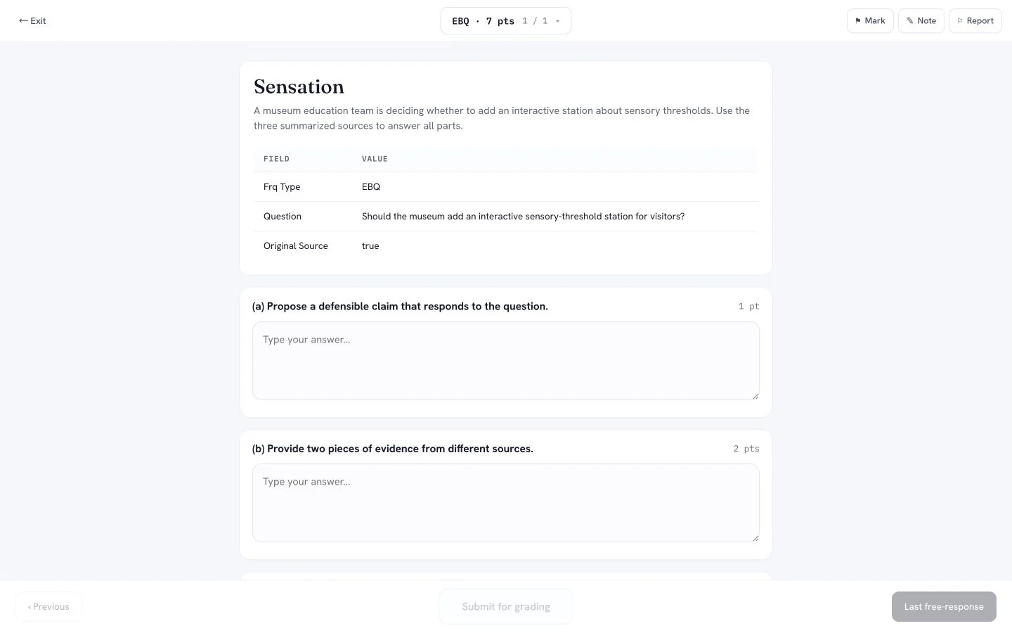 PrepScore AP Psychology FRQ practice product screen