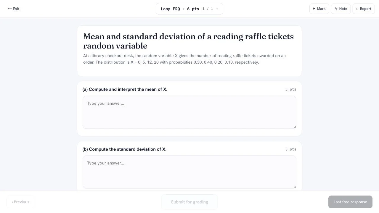 PrepScore AP Statistics FRQ practice product screen