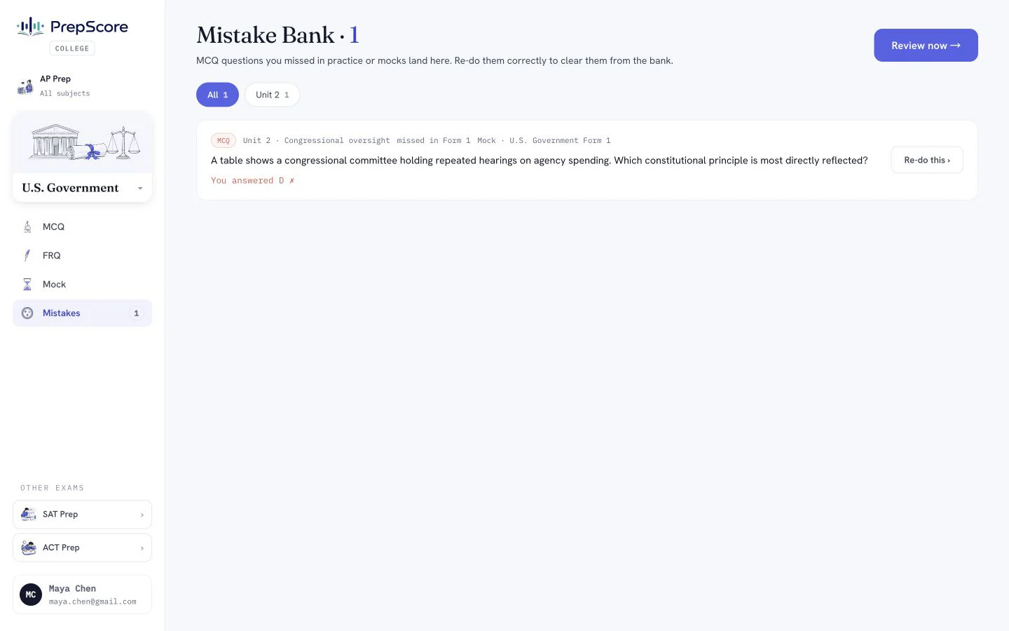 PrepScore AP U.S. Government and Politics Mistake review product screen