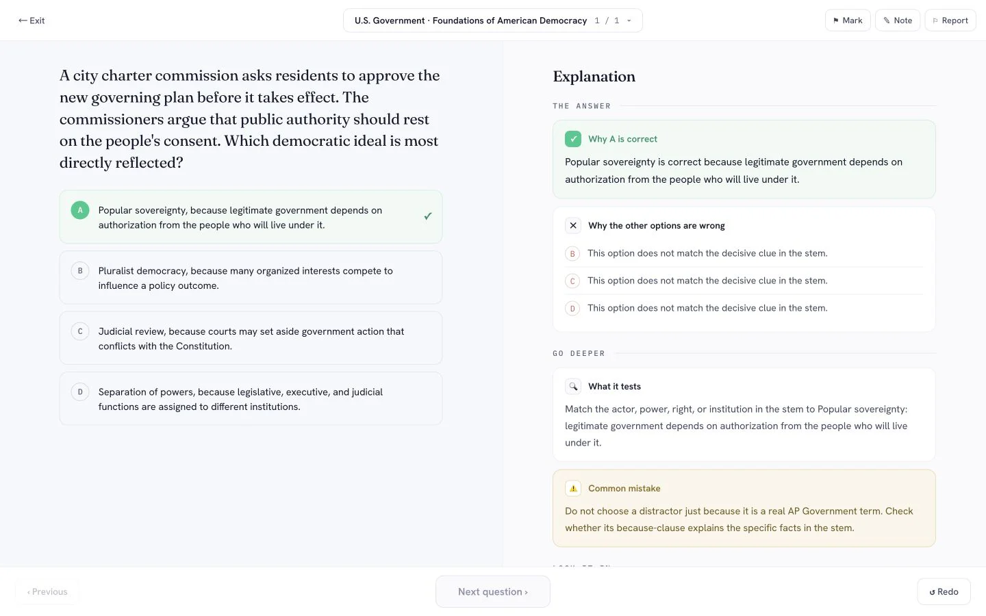 PrepScore AP U.S. Government and Politics Practice product screen