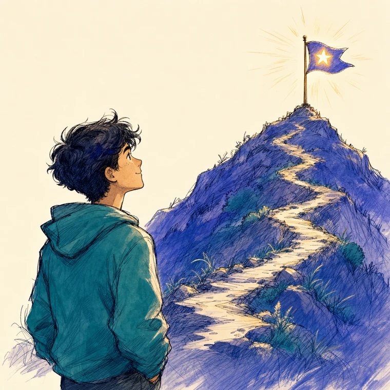 A student looks up at a goal flag on a distant peak