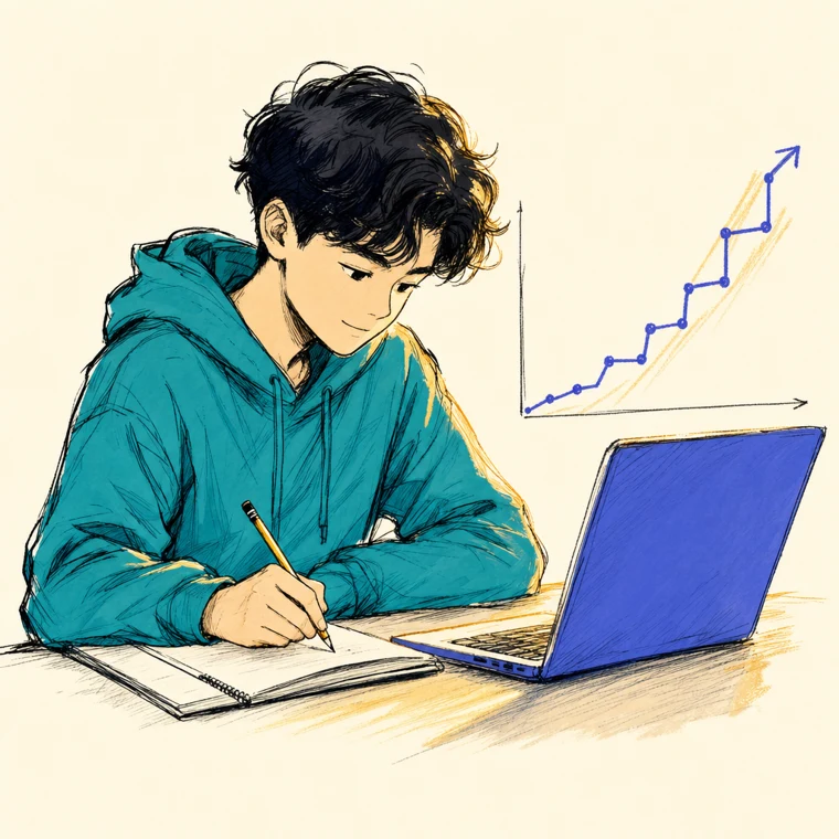 The student practicing as a score graph climbs