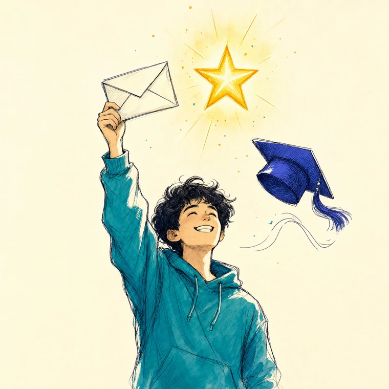 The student celebrating an acceptance, cap in the air