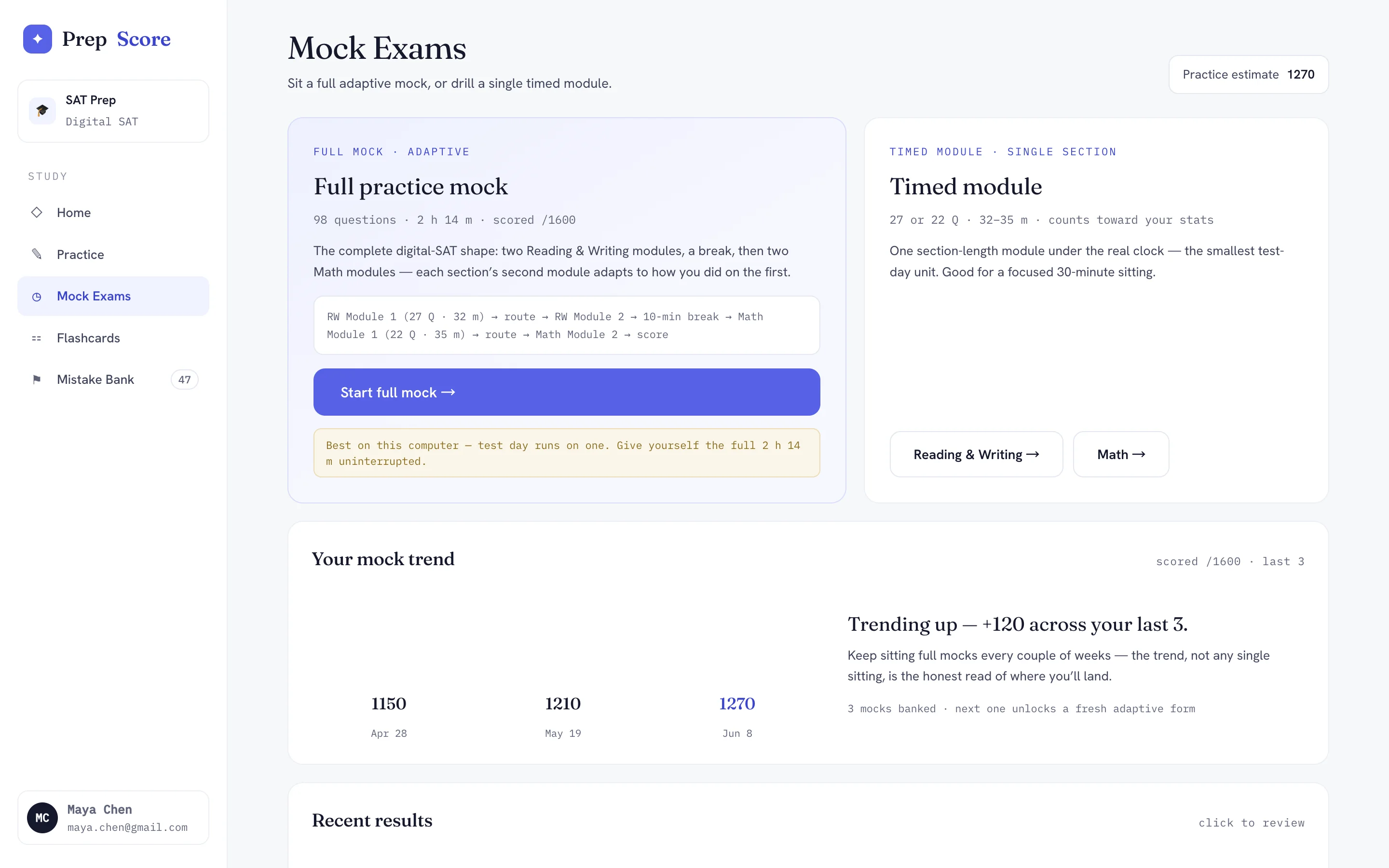 Web mock exam screen