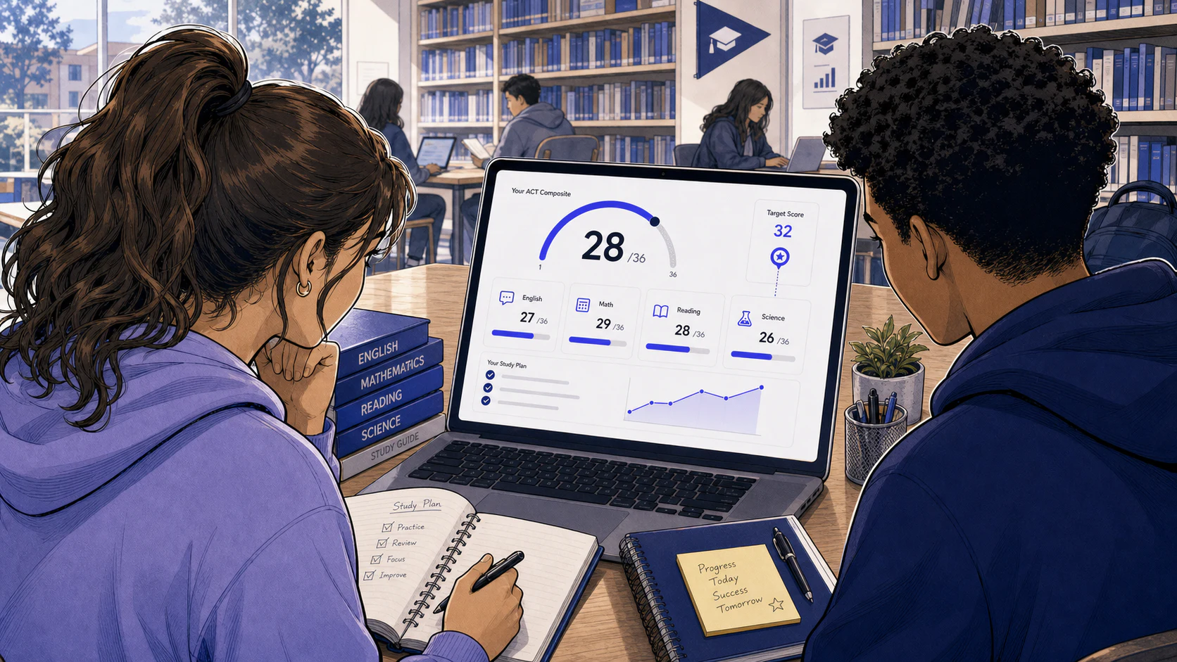 American high school students reviewing an ACT Composite dashboard and study plan