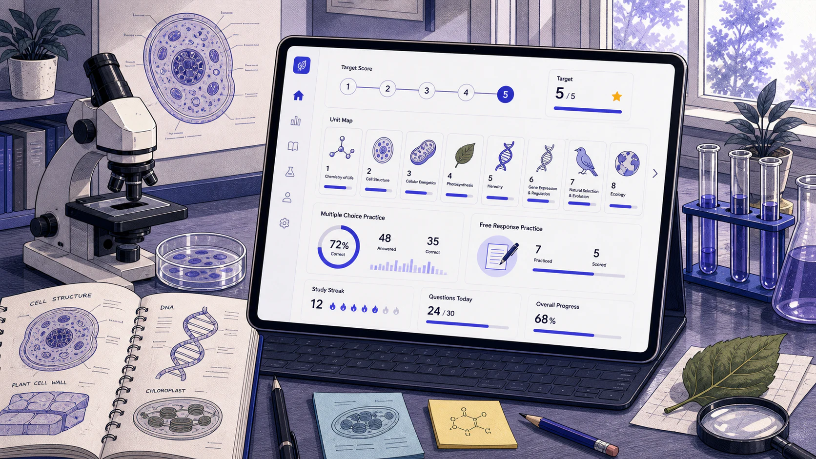 AP Biology dashboard with unit map, multiple-choice and free-response practice
