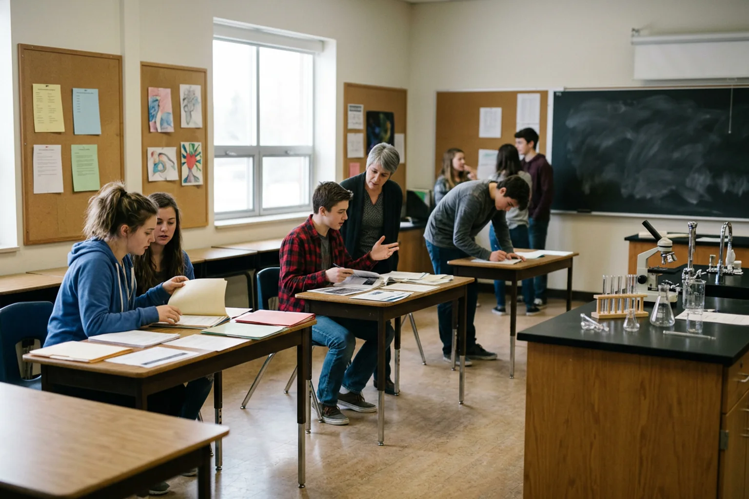 A wide ACT structure scene with three substantial core-section workstations, two optional side stations, a timing rail, and American high school students moving through the sequence; no screens or text