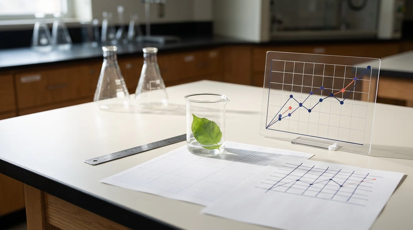 School science lab tableau with experimental data, graph paper and evidence-reading tools