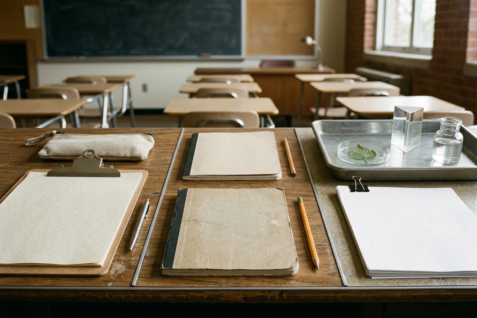 A wide American school testing room with three blank core work lanes and a separate laboratory tray holding clear vessels, science samples, and timing tools for the optional ACT Science decision