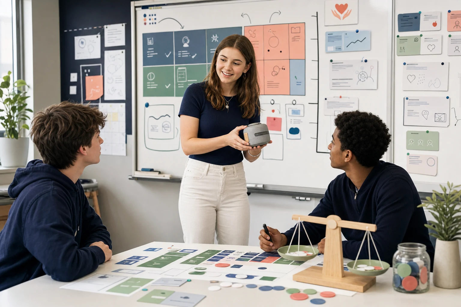 An American high school student pitching a small physical product prototype to two classmates using a business canvas wall, budget tokens, customer cards, and a financial decision board