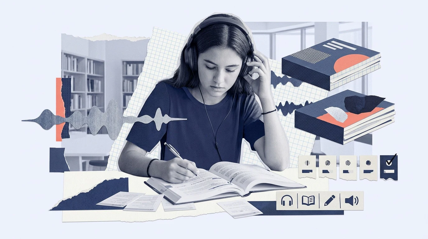 AP Chinese: Focus on listening, reading, speaking or literary analysis through headphones, annotated cards, books, waveform shapes or a language-club interaction