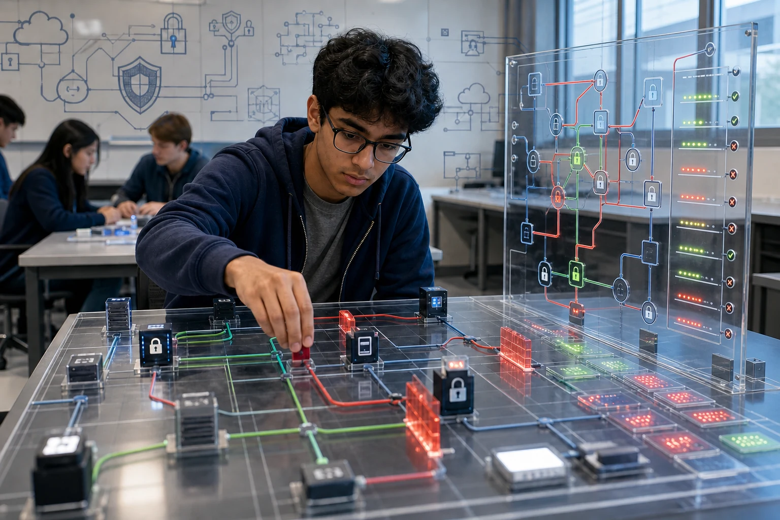 An American high school cybersecurity club student tracing a network route on a transparent board beside a correctly oriented workstation, physical node models, permission locks, and attack indicators