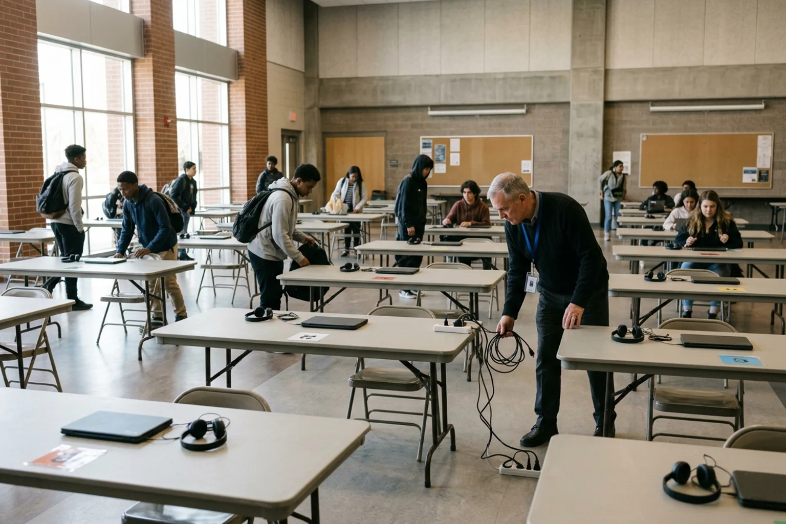 A wide AP exam-mode studio with distinct language recording, handwritten music, digital statistics, and literature response stations arranged as separate subject workflows; American high school classroom, no readable text