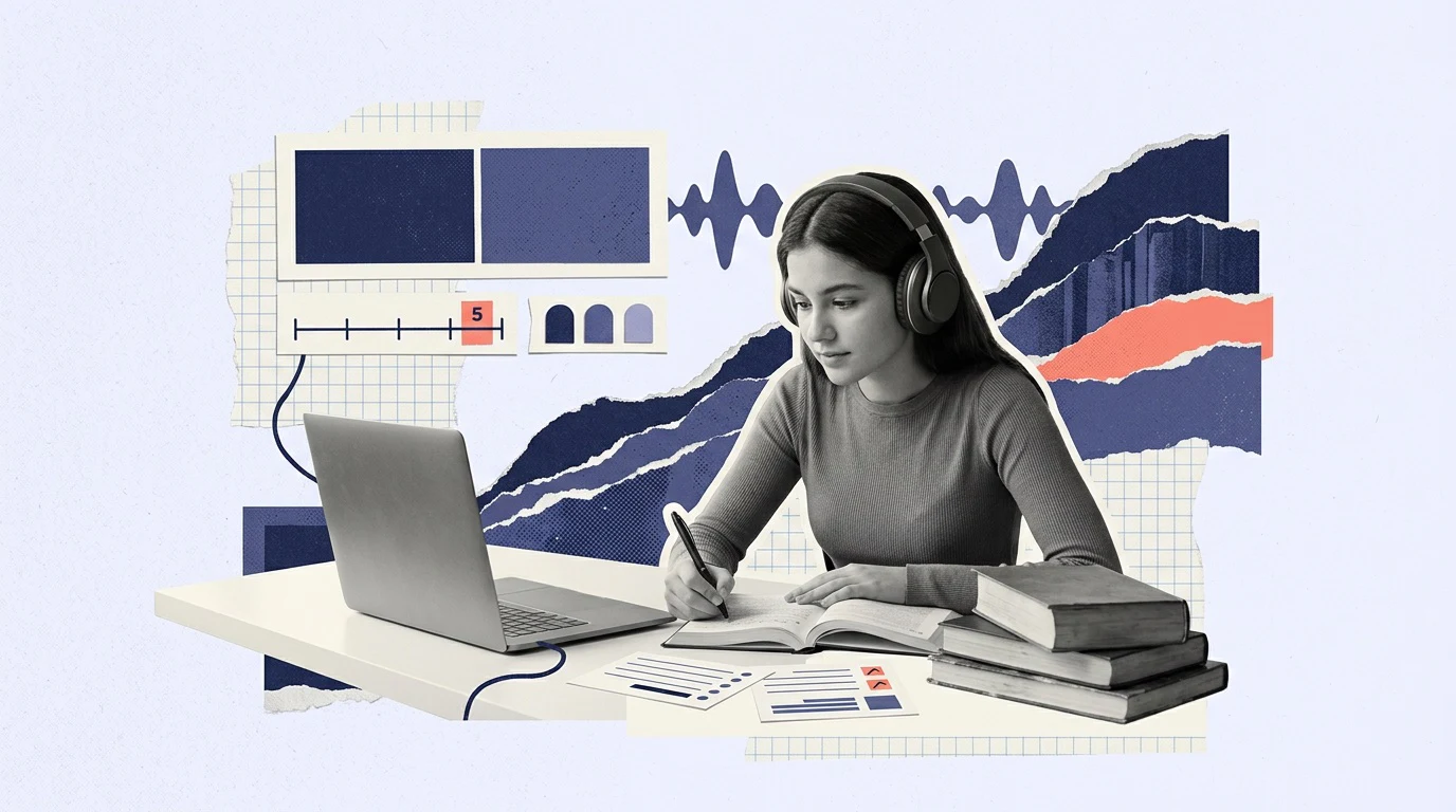 AP English Literature: Focus on listening, reading, speaking or literary analysis through headphones, annotated cards, books, waveform shapes or a language-club interaction