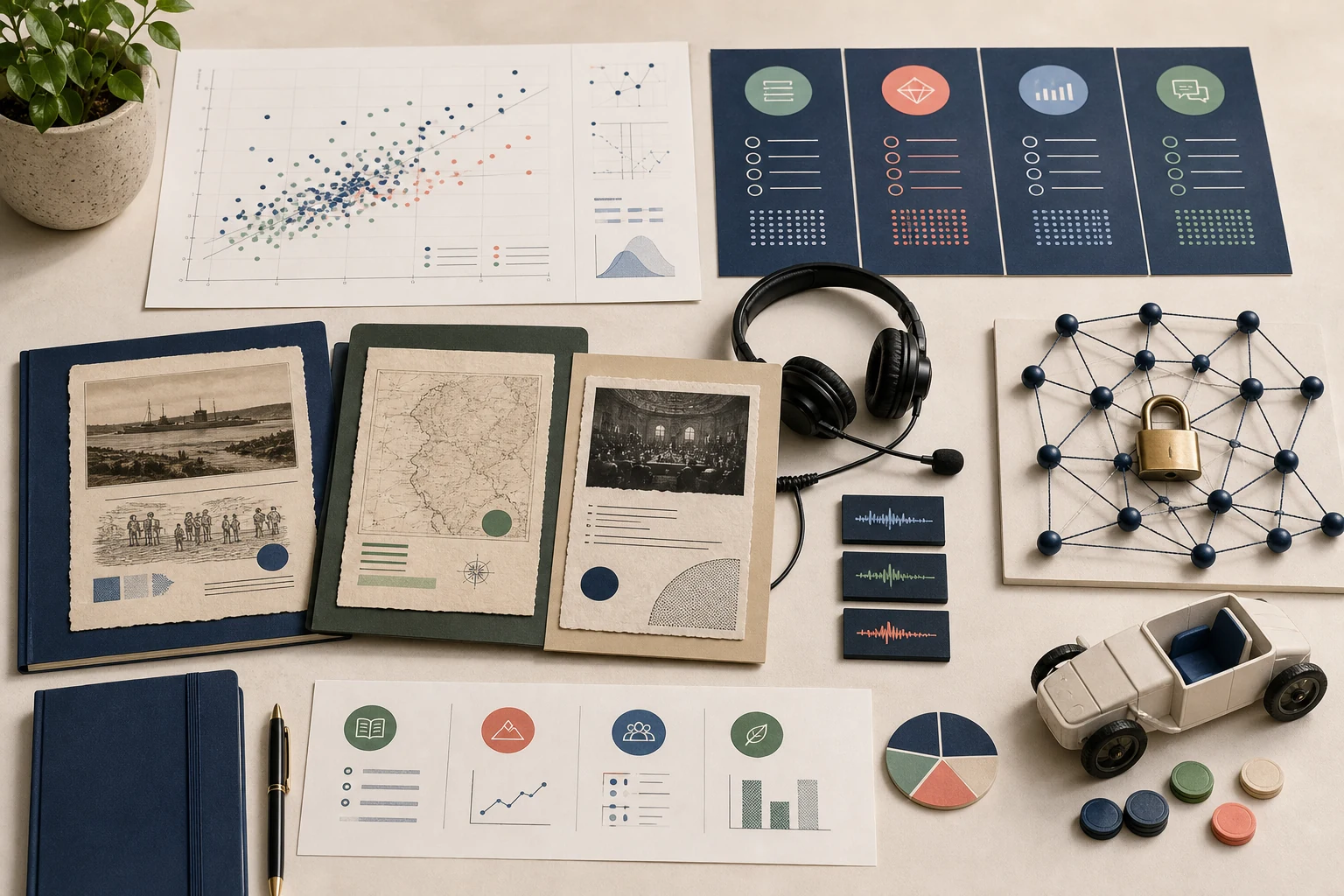 A varied AP transition studio with a statistics scatterplot, history source folios, a wired headset, a security network model, and a business prototype arranged as one 2027 planning scene