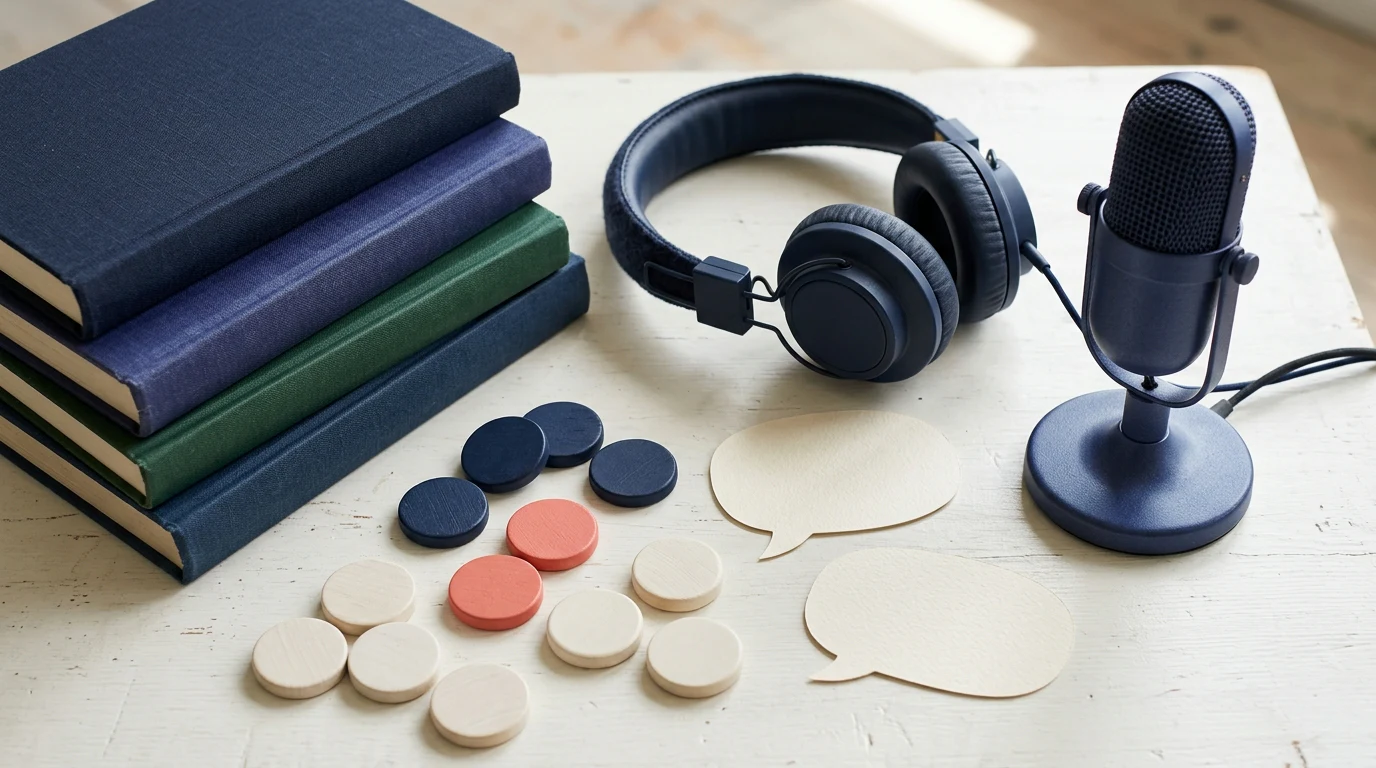 AP French Language: Focus on listening, reading, speaking or literary analysis through headphones, annotated cards, books, waveform shapes or a language-club interaction