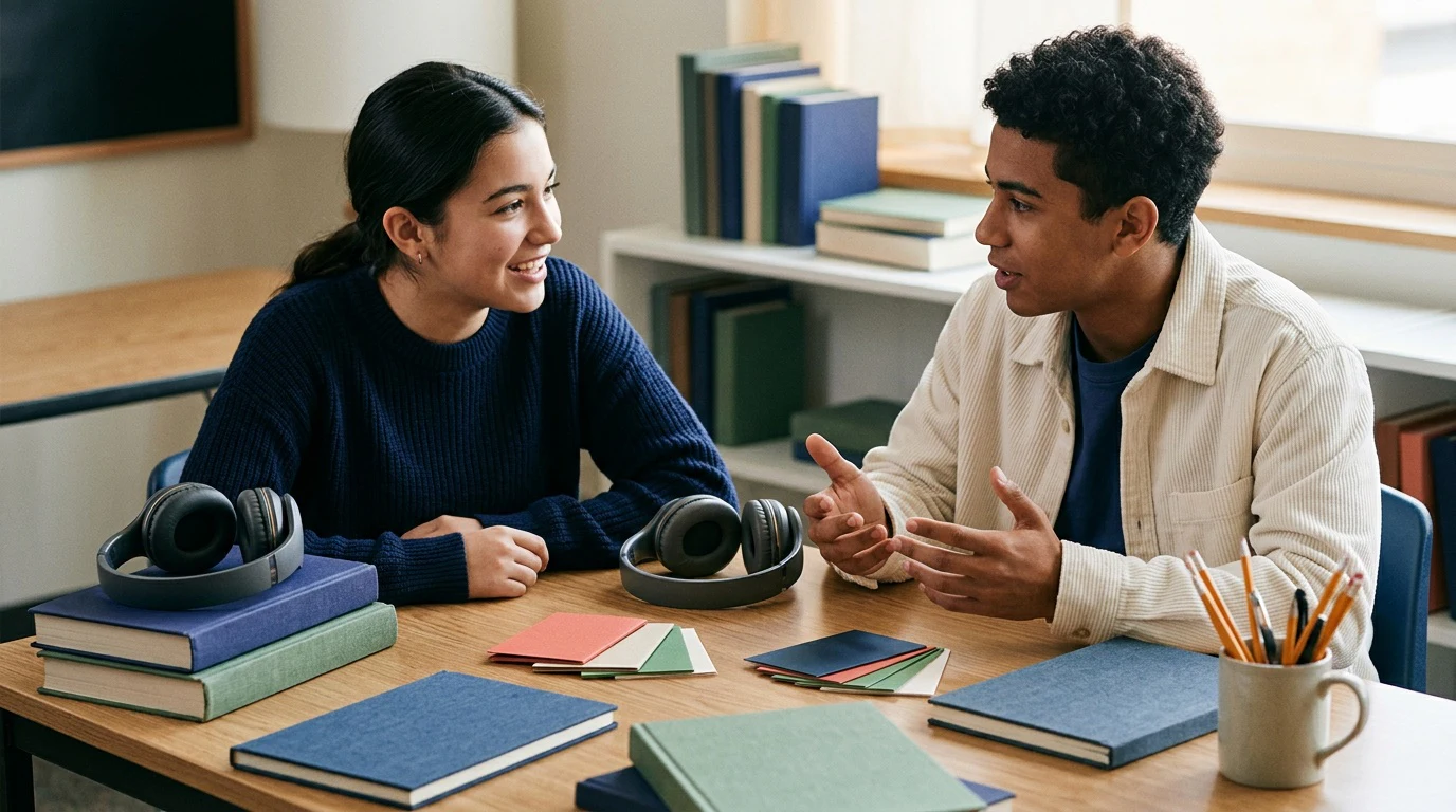 AP German Language: Focus on listening, reading, speaking or literary analysis through headphones, annotated cards, books, waveform shapes or a language-club interaction