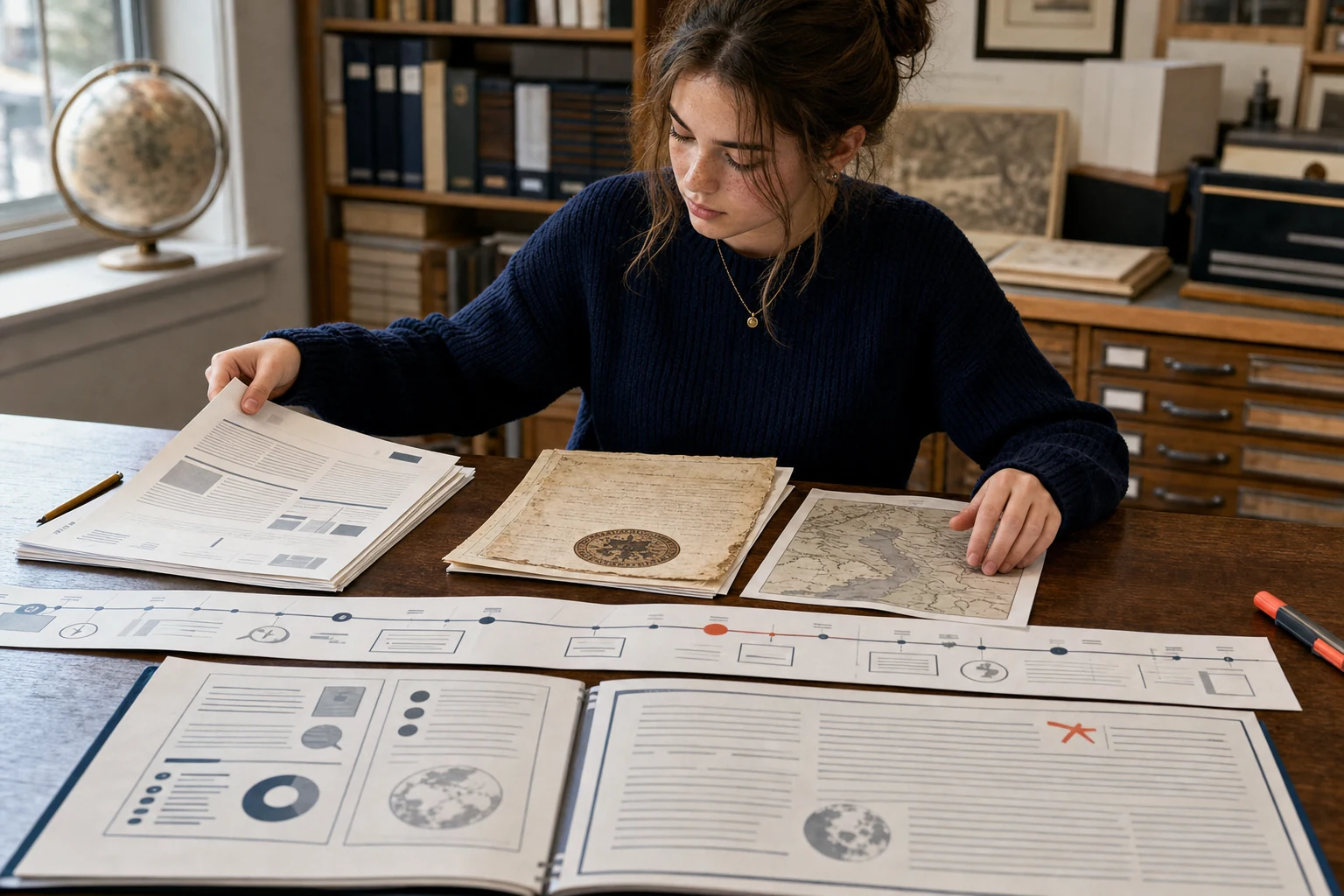 An American high school history seminar table where a student organizes three different source packets, a broad essay folio, and a long chronological document ribbon