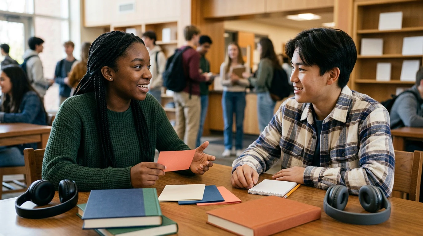 AP Spanish Language: Focus on listening, reading, speaking or literary analysis through headphones, annotated cards, books, waveform shapes or a language-club interaction