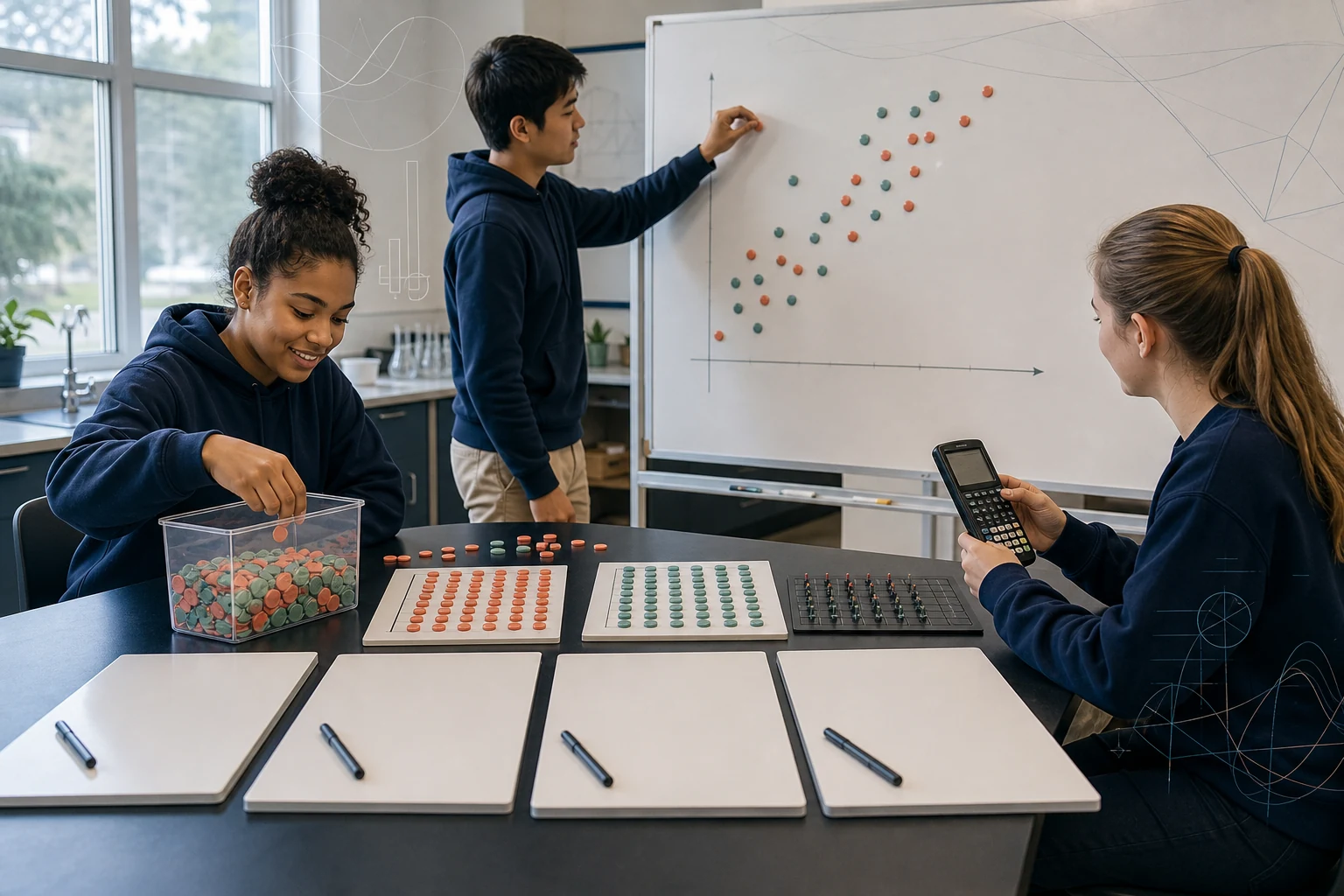 A lively American statistics lab with three students using physical scatterplot tiles, sampling containers, a calculator, and four large response boards rather than staring at a screen