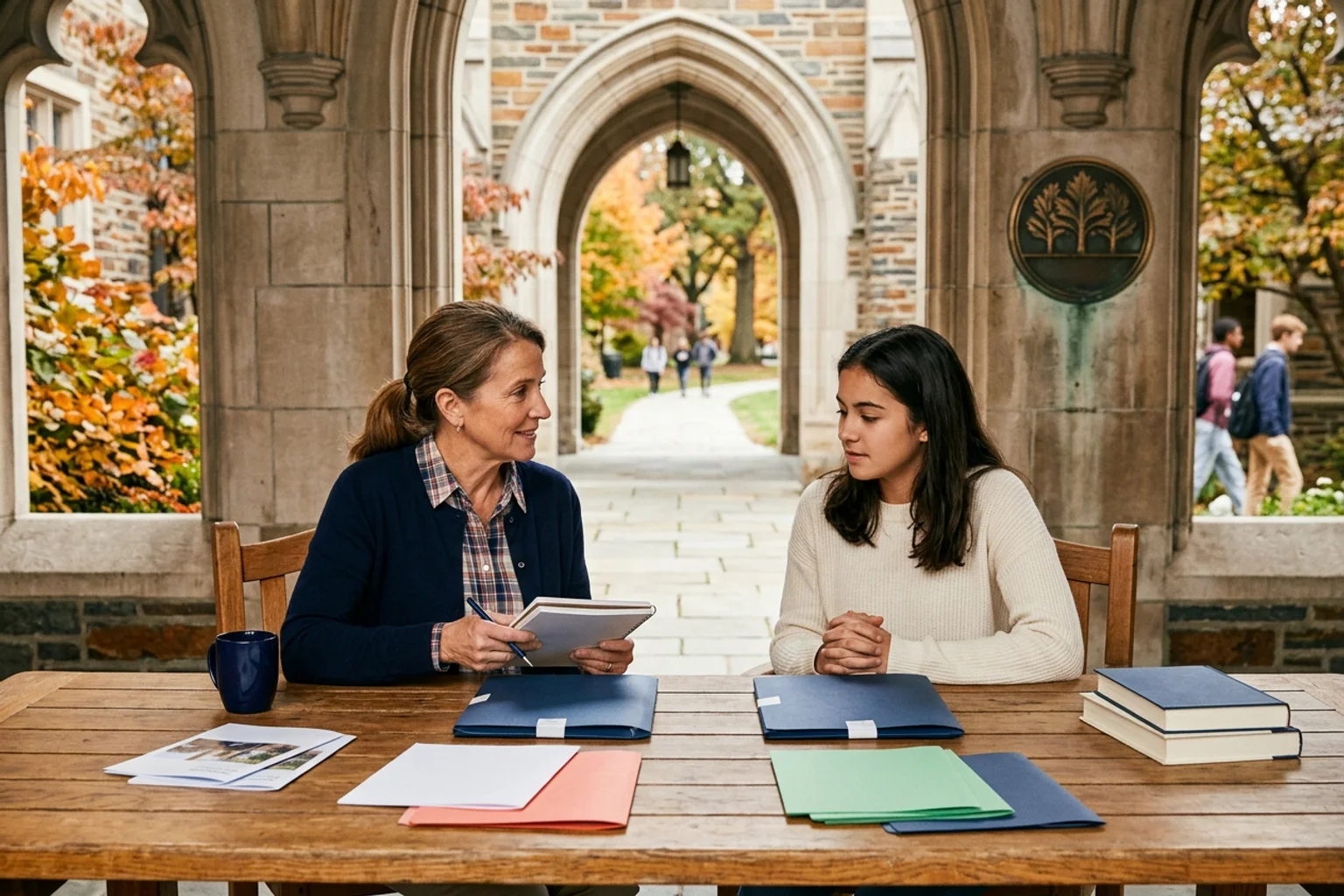 A wide editorial admissions-planning scene for Boston College using a campus-context model, separate policy folders, score-route objects, and an American high school counselor conversation without logos or visible text