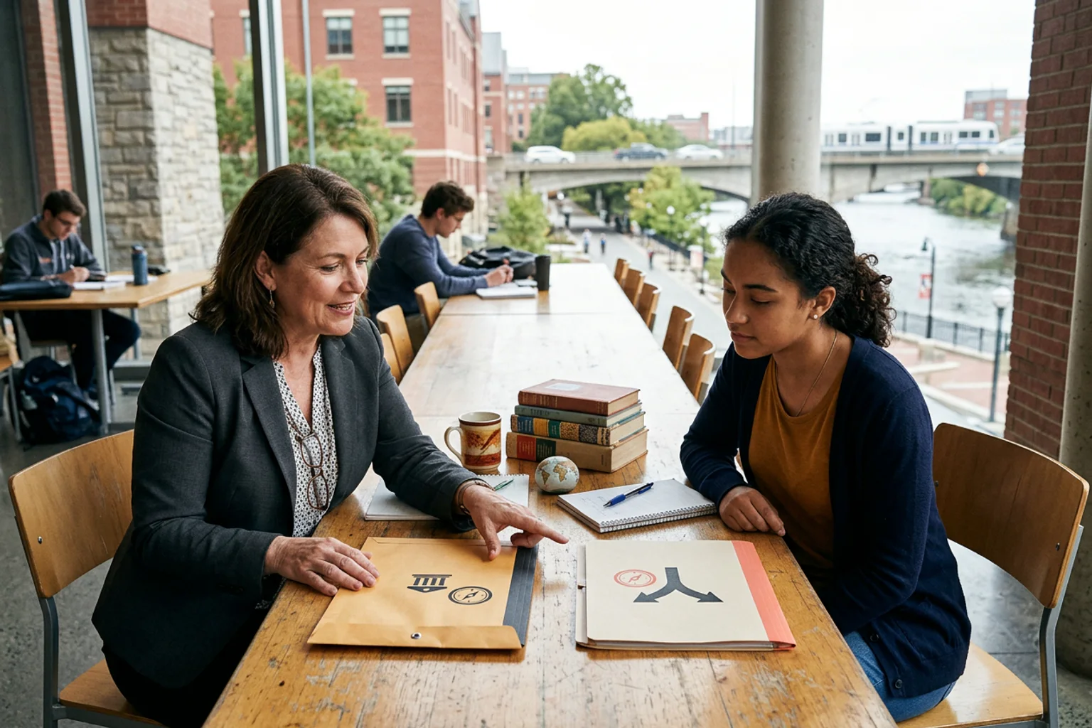 A wide editorial admissions-planning scene for Boston University using a campus-context model, separate policy folders, score-route objects, and an American high school counselor conversation without logos or visible text