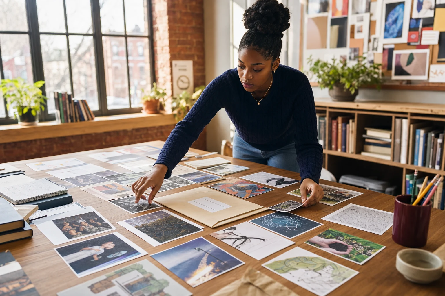 A Black American high school senior in a Providence-style counseling studio arranging humanities, science, design, and community evidence around a neutral sealed score report without using a screen