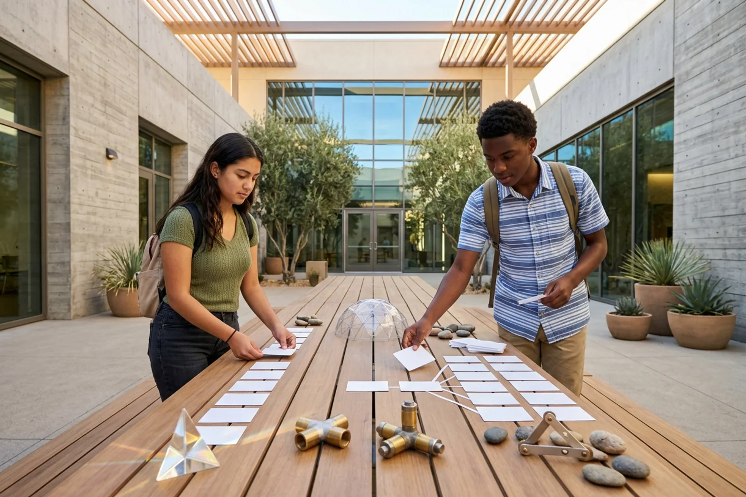 A wide editorial admissions-planning scene for Caltech using a campus-context model, separate policy folders, score-route objects, and an American high school counselor conversation without logos or visible text