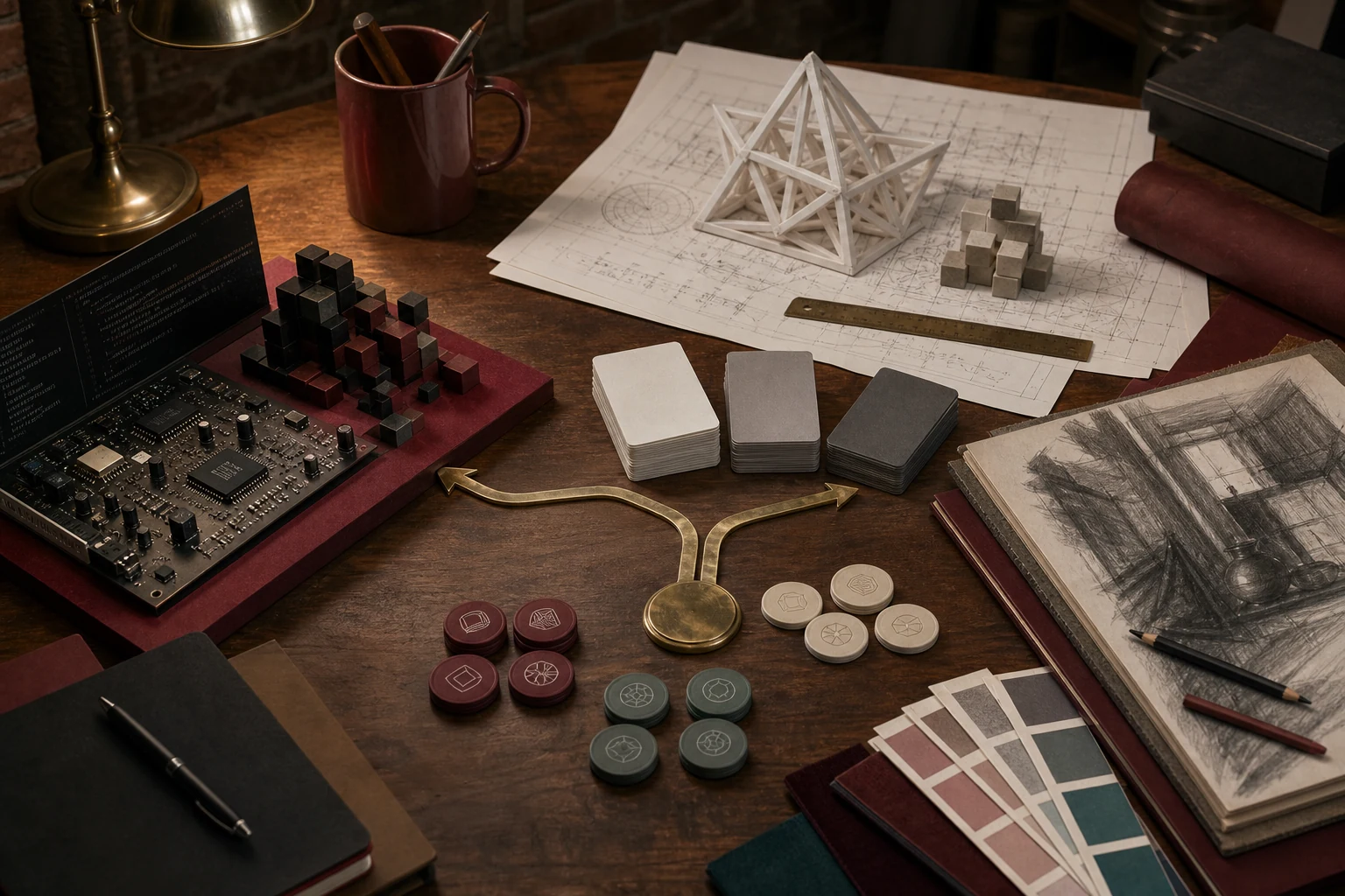 A premium physical admissions decision studio with separate computer science circuitry, engineering prototype, fine arts folio, exam cards, and a branching brass route marker