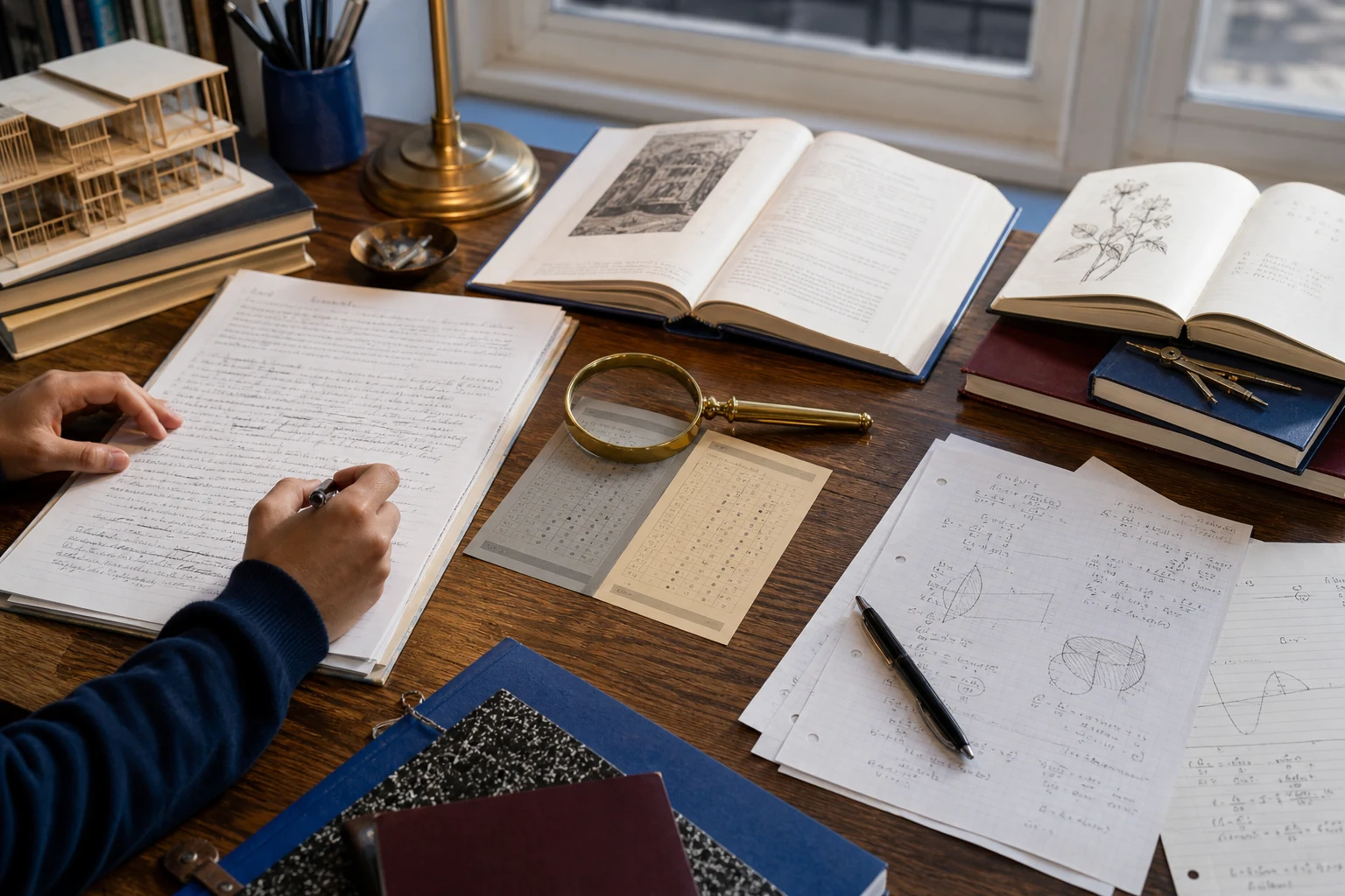 A New York high school editorial desk combining an essay folio, classic texts, calculus and physics work, an architectural model, and two neutral optional score cards under a brass decision lens