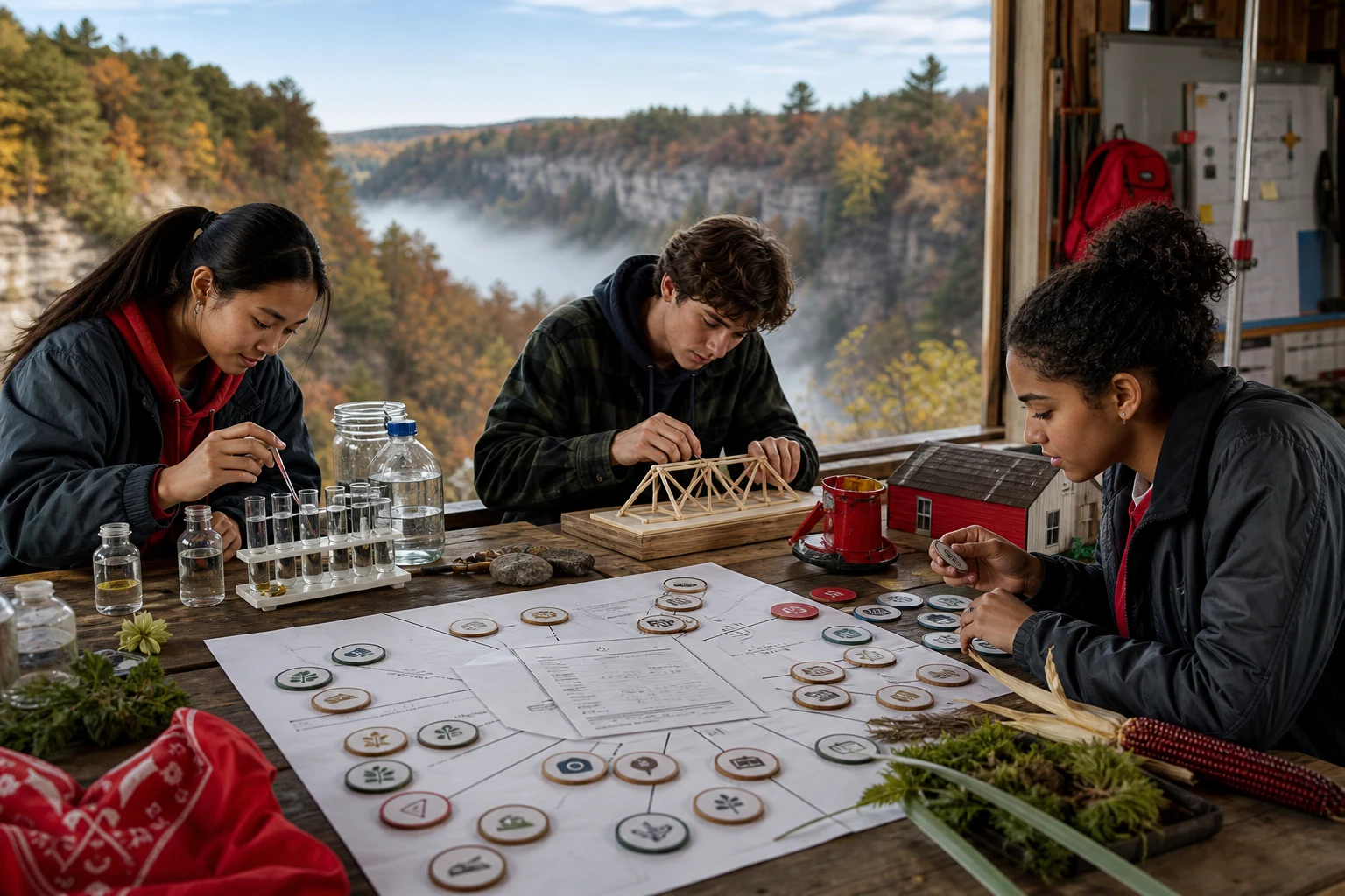 Three diverse American high school students in an upstate New York field science workspace combining water sampling, bridge design, agriculture, business, and course-path tokens around one neutral score report