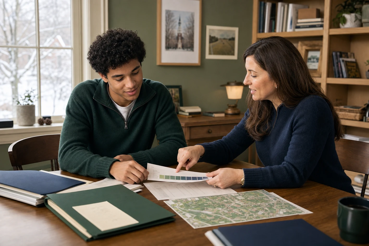 An American high school senior and counselor in a winter New England office reviewing class context, score reports, course folders, and a green campus map without using a screen