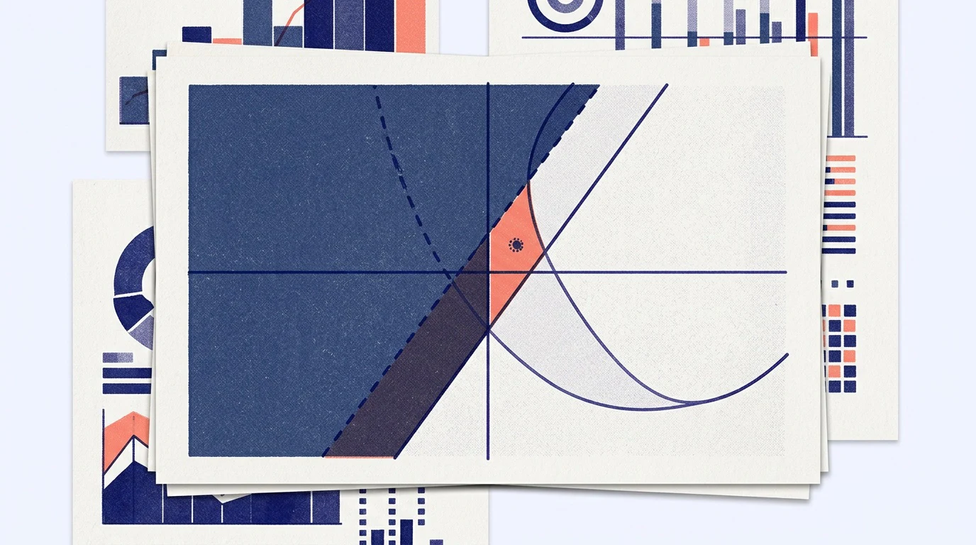 two shaded regions overlapping: Make the mathematical object in this brief the hero: a Desmos-style coordinate plane: one half-plane shaded with a dashed boundary line and a second region with a solid boundary, their overlap drawn as a darker accent-colored wedge with a single test point dotted inside it