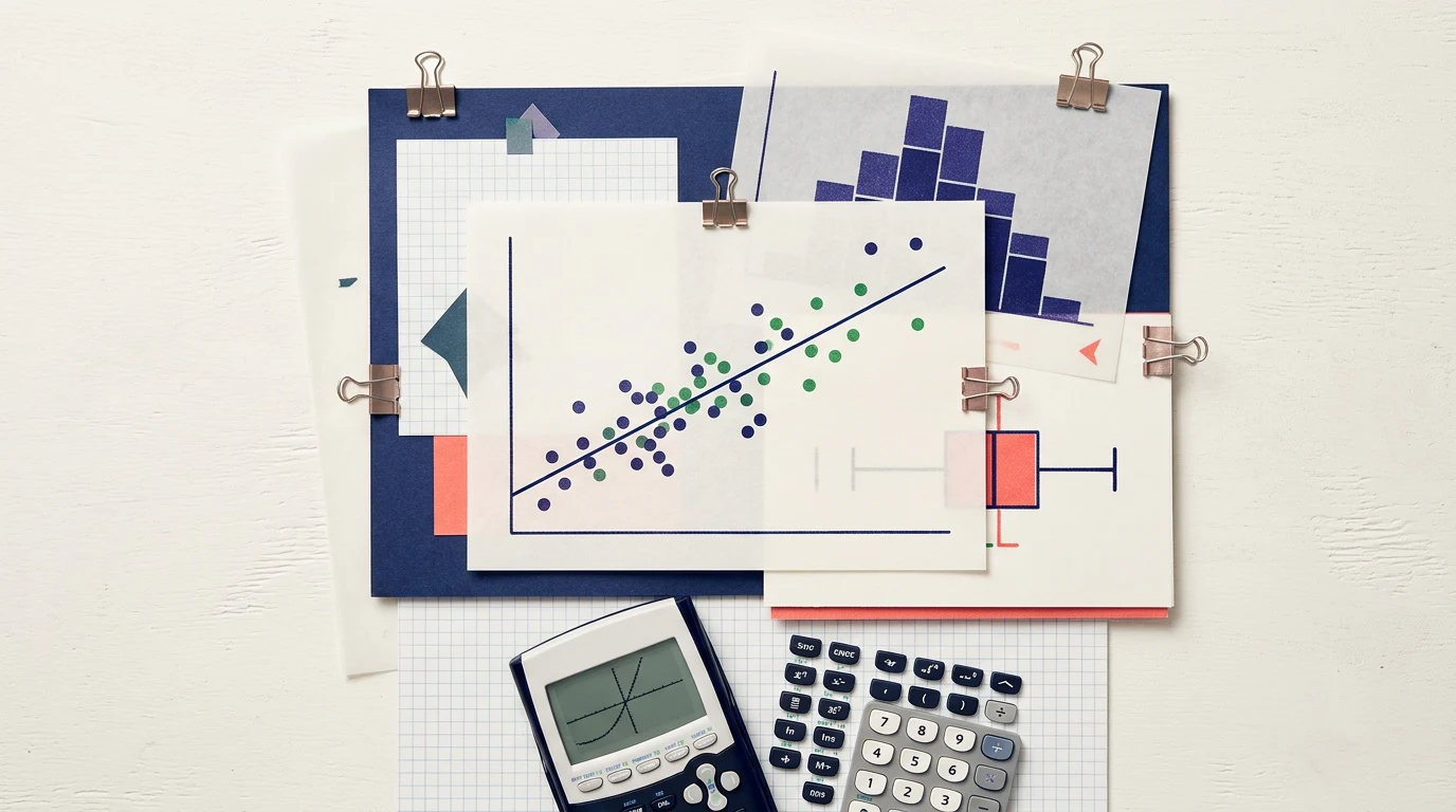 Layered statistics poster with scatterplot, histogram, box plot and regression line