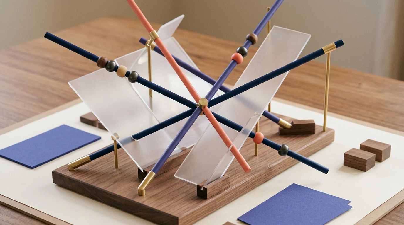 Two lines, one meeting point: Make the mathematical object in this brief the hero: a Desmos panel: two straight lines with opposite slopes crossing at a single ringed point, faint dashed guides running from that point to both axes, and a left-side list with two "y = …" rows