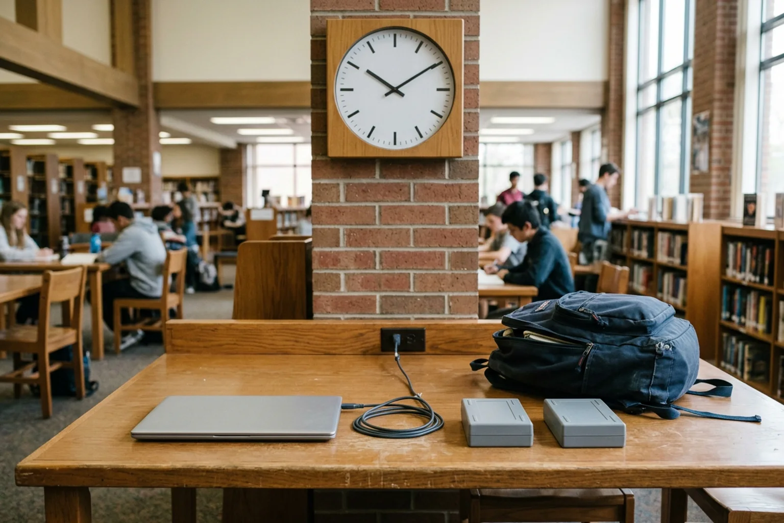 A wide American high school library test station with a closed unbranded laptop, packed backpack, analog clock, charging cable, and two blank module blocks arranged for digital SAT device readiness