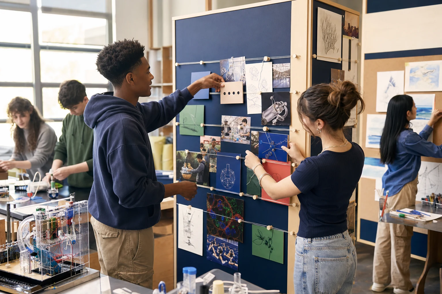 Two diverse American high school students building a three-dimensional application wall that combines biomedical work, community service, writing, and art with one removable neutral score marker