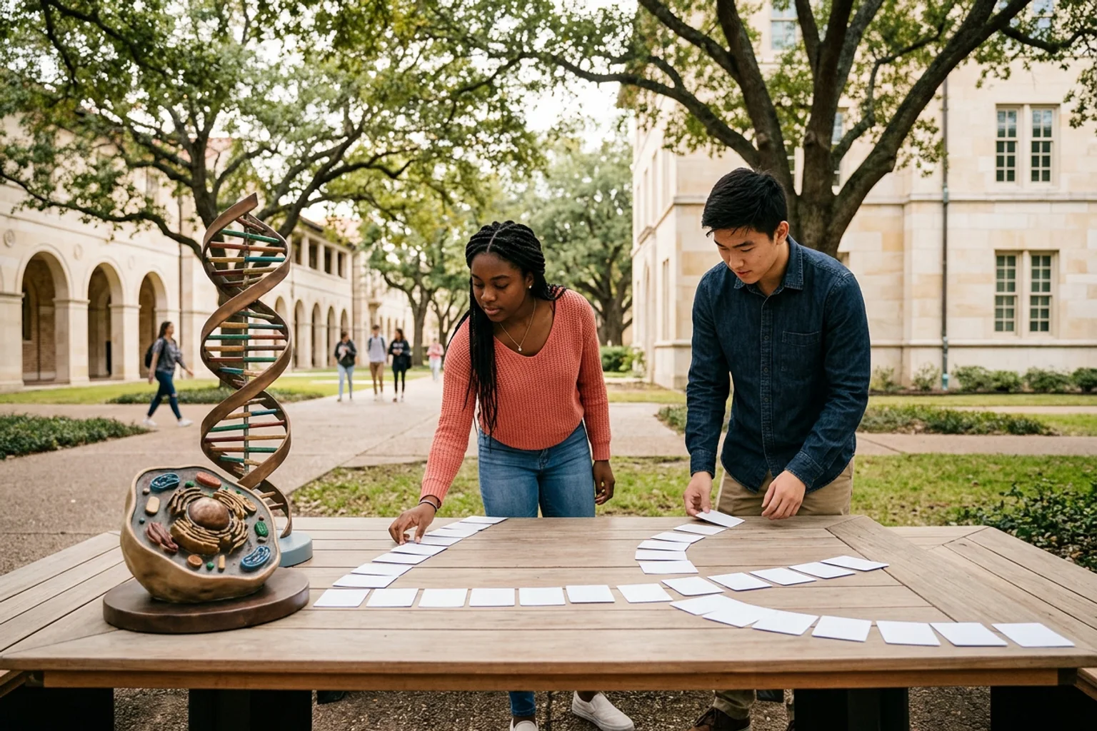 A wide editorial admissions-planning scene for Emory using a campus-context model, separate policy folders, score-route objects, and an American high school counselor conversation without logos or visible text