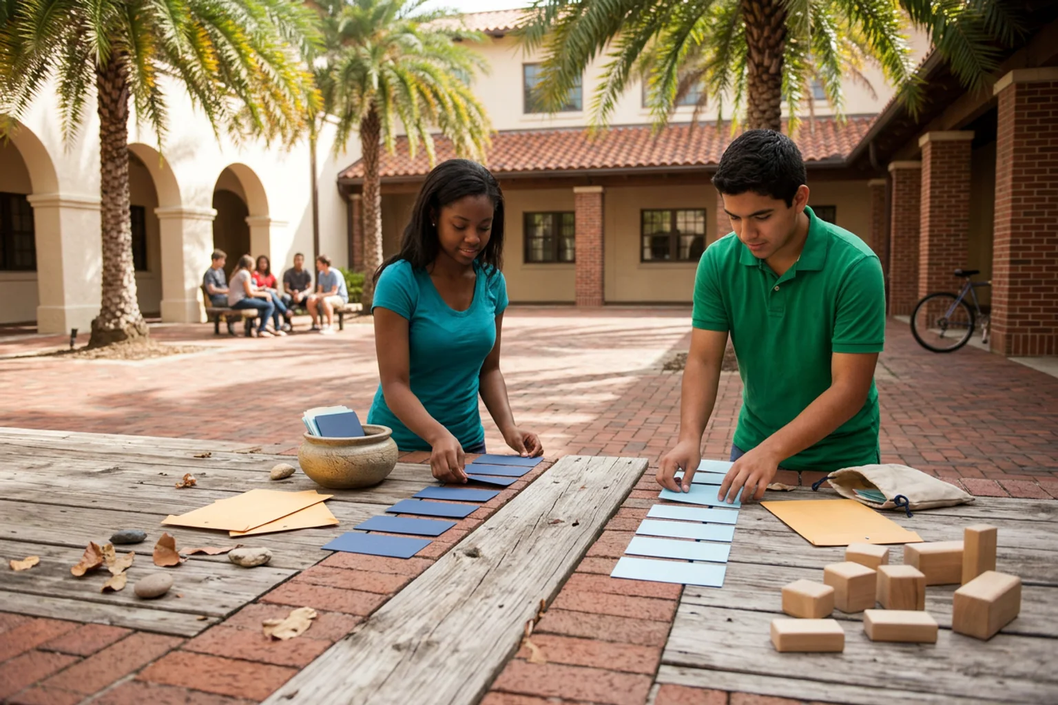 A wide editorial admissions-planning scene for University of Florida using a campus-context model, separate policy folders, score-route objects, and an American high school counselor conversation without logos or visible text