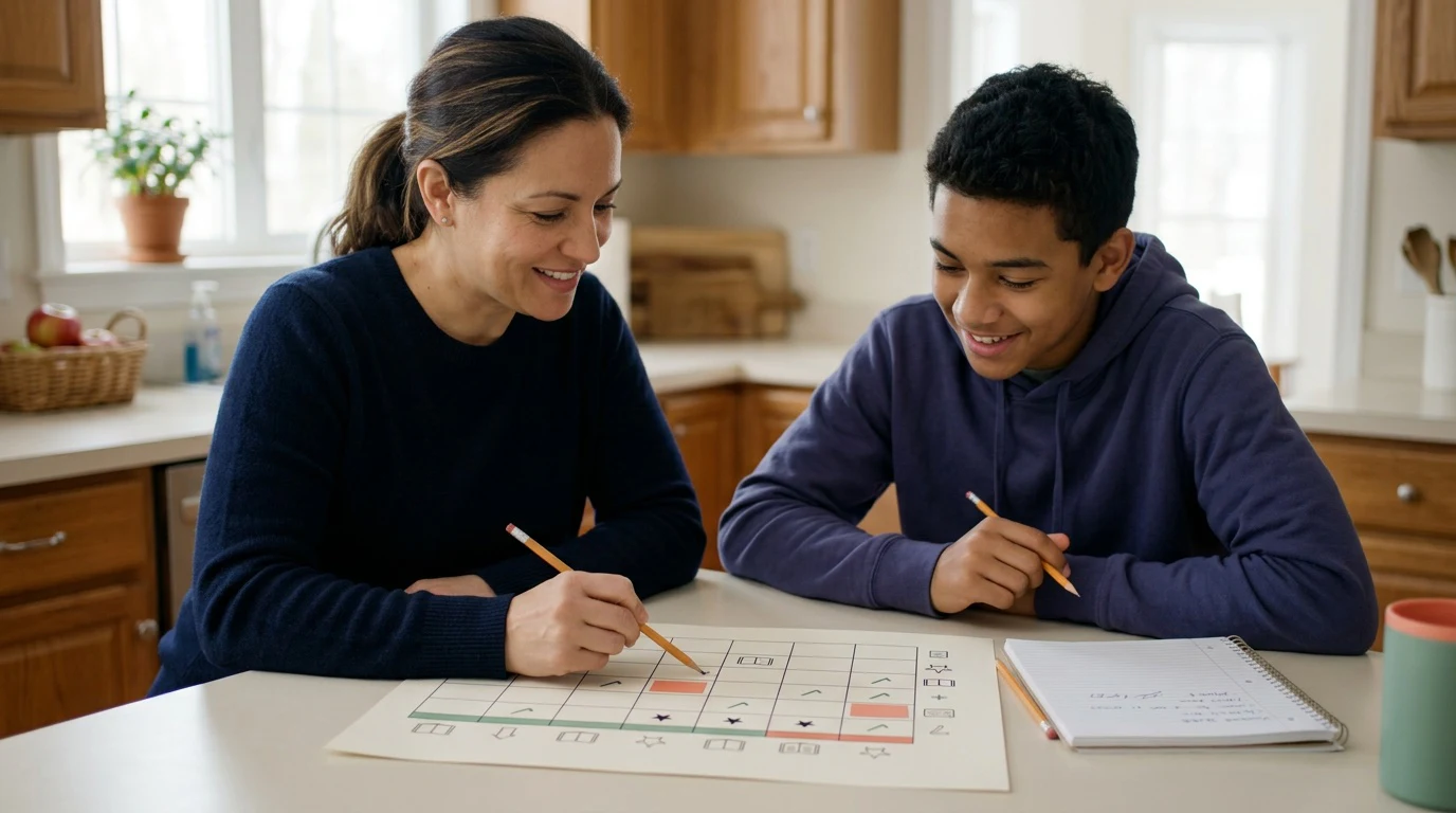 Parent and high-school student calmly planning an SAT study week together