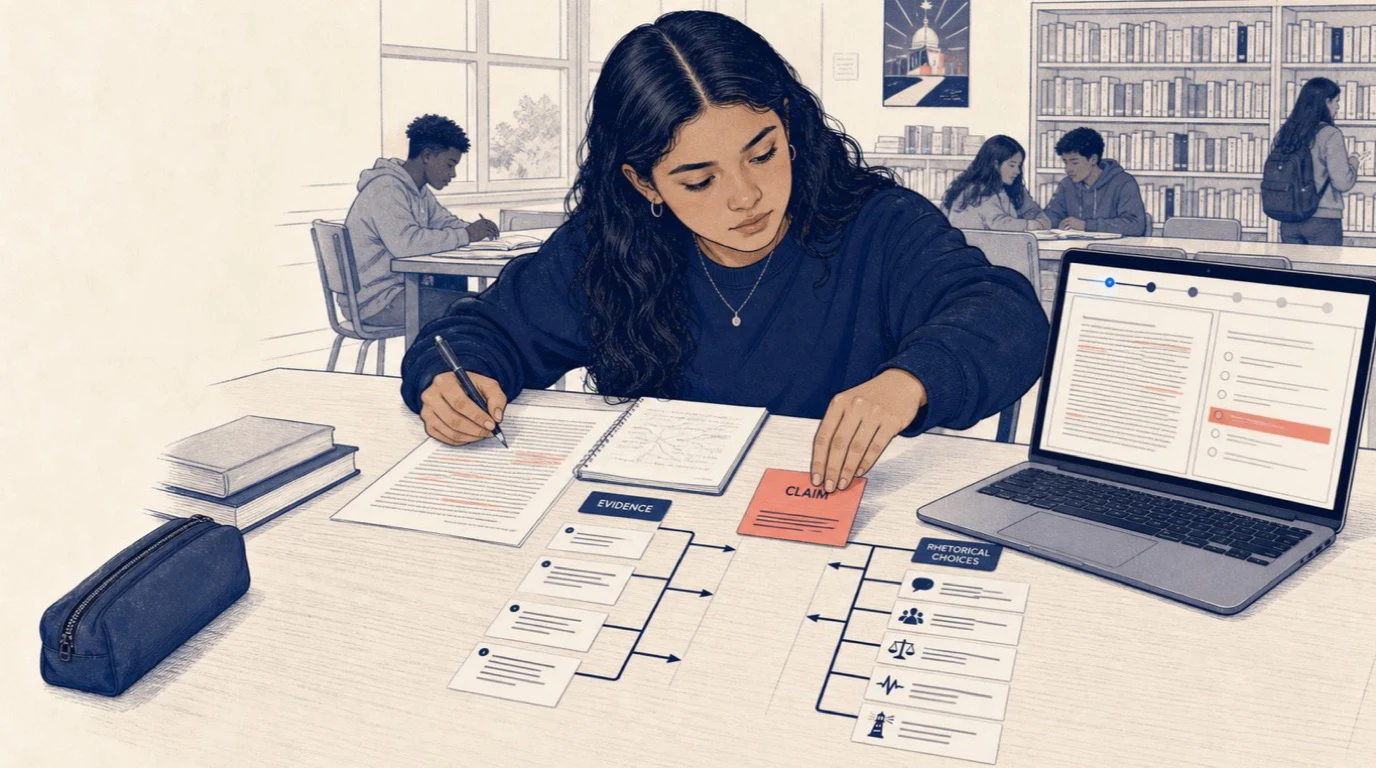 American high school student mapping claims, evidence and rhetorical choices for AP English Language practice