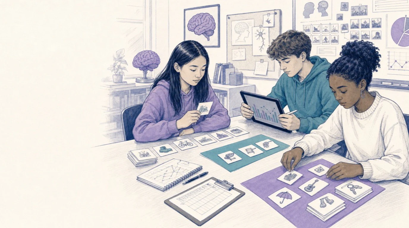 Diverse American high school students running a memory and research-methods experiment for AP Psychology practice