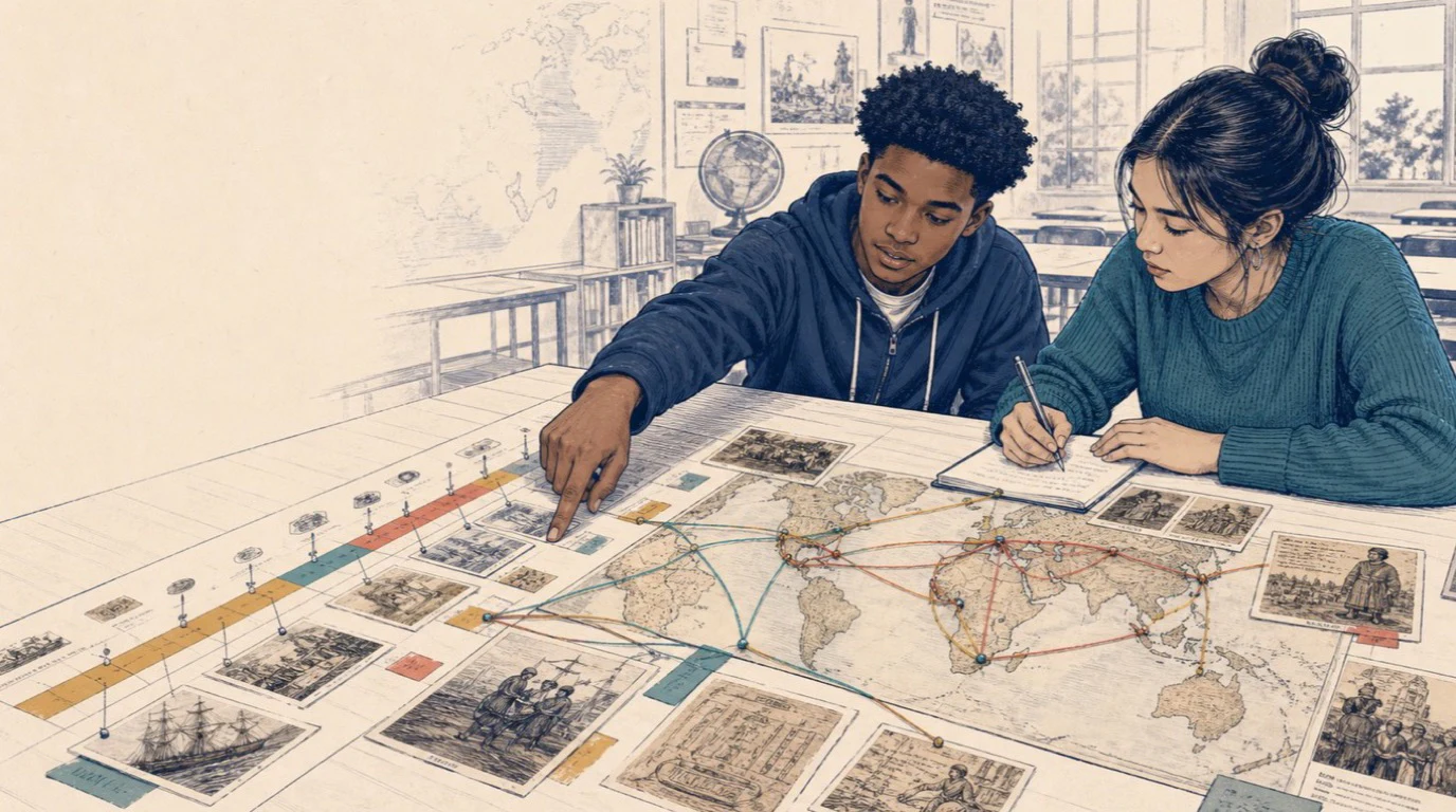 American high school students comparing a world-history timeline, trade routes and primary-source images