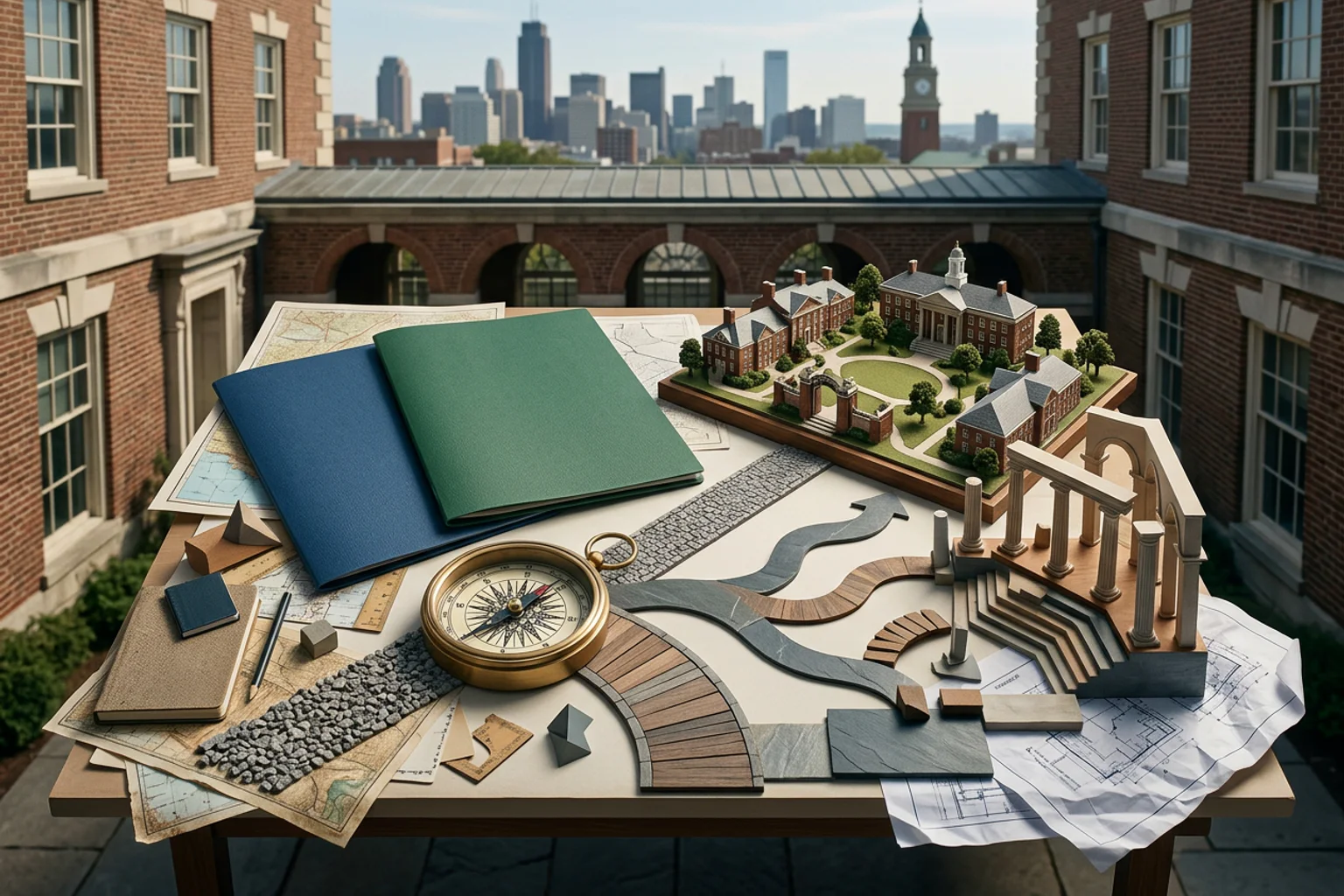 A wide editorial admissions-planning scene for Georgetown using a campus-context model, separate policy folders, score-route objects, and an American high school counselor conversation without logos or visible text
