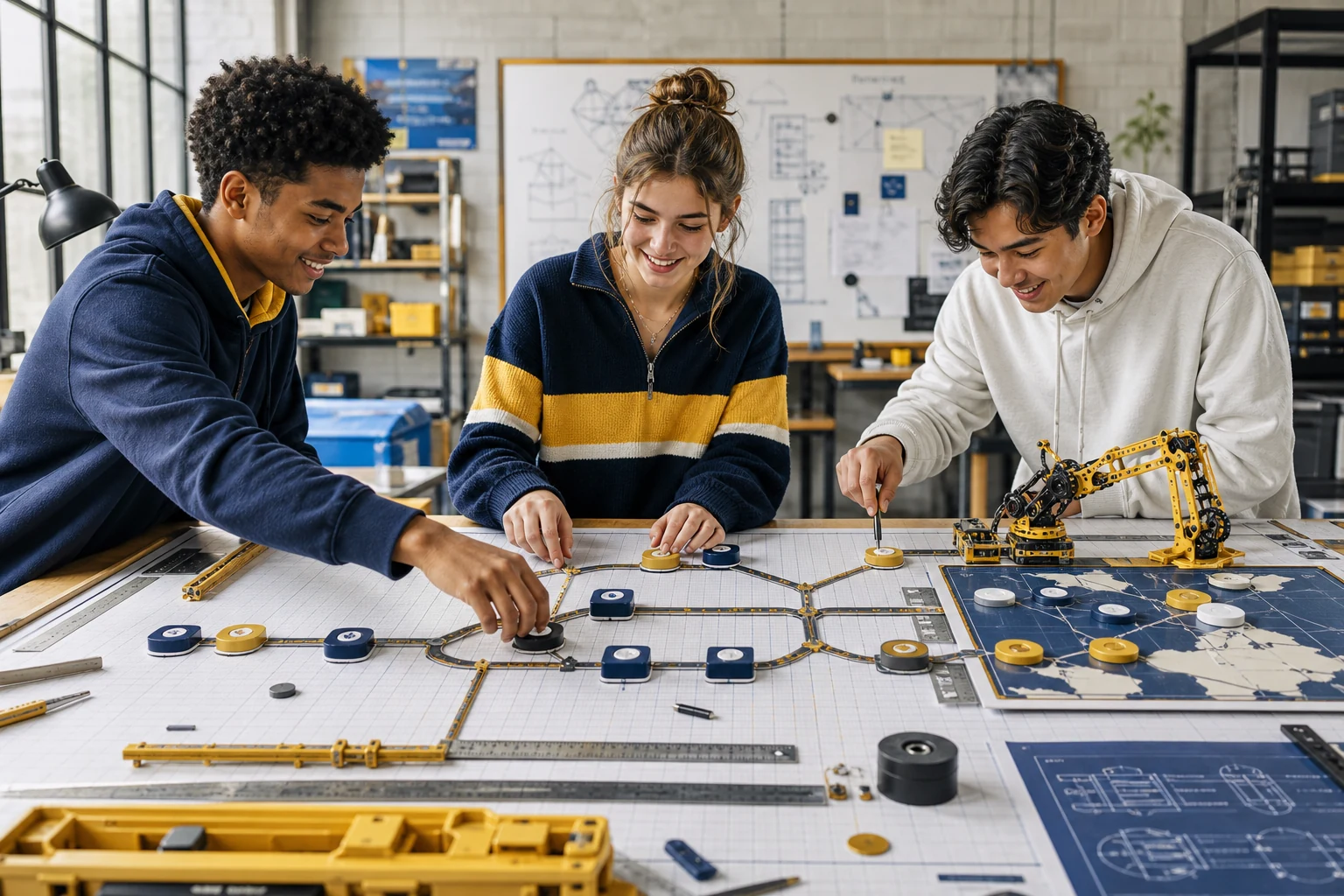 Three diverse American high school students in an engineering makerspace building a physical SAT-or-ACT route board that connects reading, English, and math modules to an engineering prototype